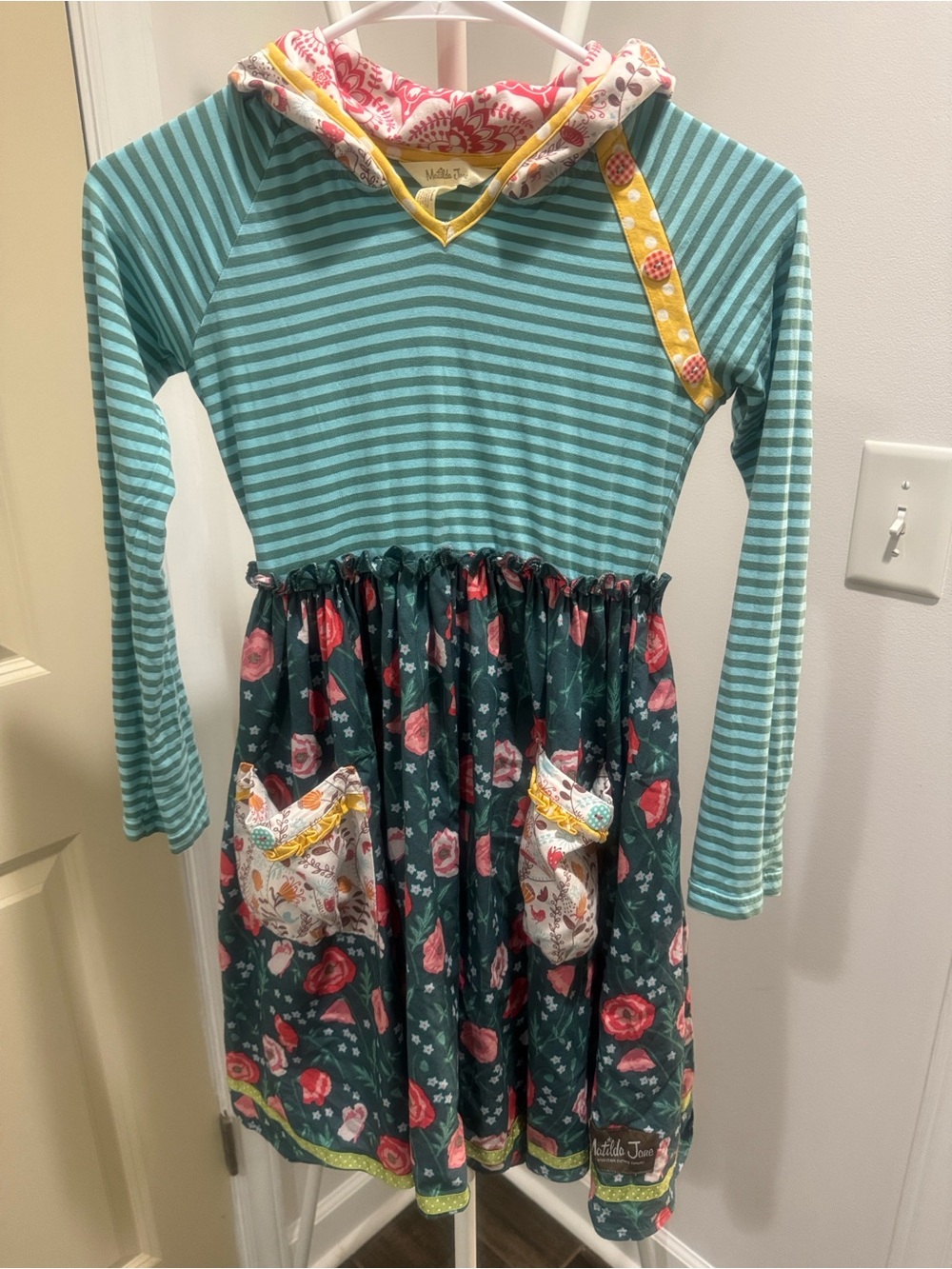 Girls' Long Sleeve Teal & Floral Hooded Dress